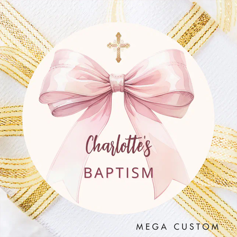 Personalized Pink Bow Cross Cream Peach Classic Round Sticker with Name Religious Gift Baptism Christening Gift for Girls