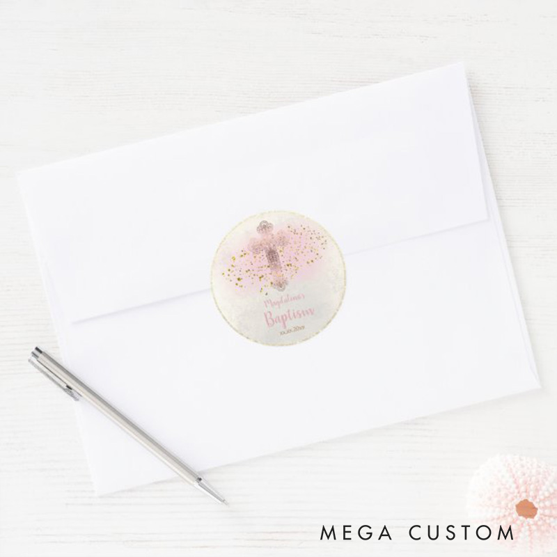 Personalized Holy Cross Classic Round Sticker with Name and Date Religious Gift Baptism Christening Gift for Girls