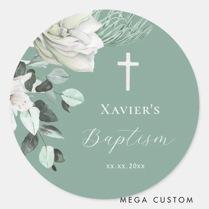 Personalized White Green Bouquet Round Sticker with Name and Date Religious Gift Baptism Christening Gift for Girls