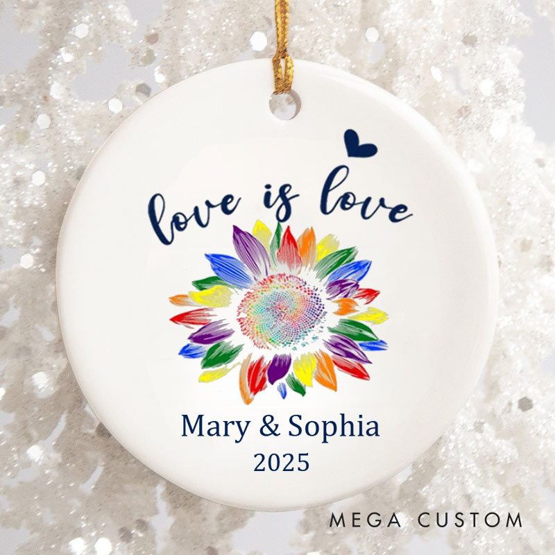 Personalized Love is Love Rainbow Sunflower Ornament LGBTQ Pride Ornament for Lesbian Gay LGBTQA+ Christmas Ornament