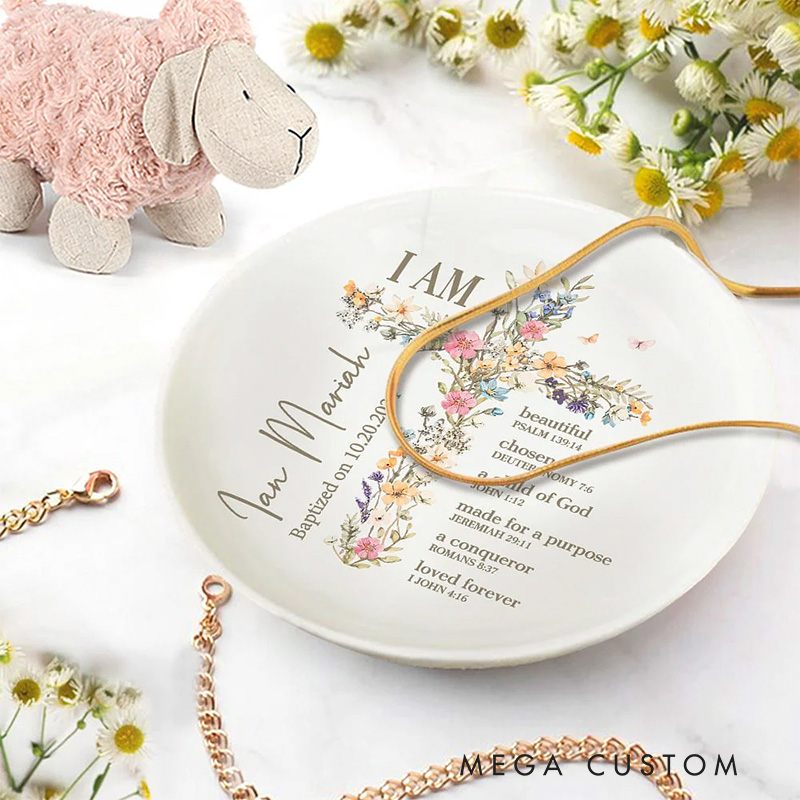 Personalized Floral Cross Bible Verse Ring Dish Jewelry Tray with Name and Text Christening Baptism Gift for Girls