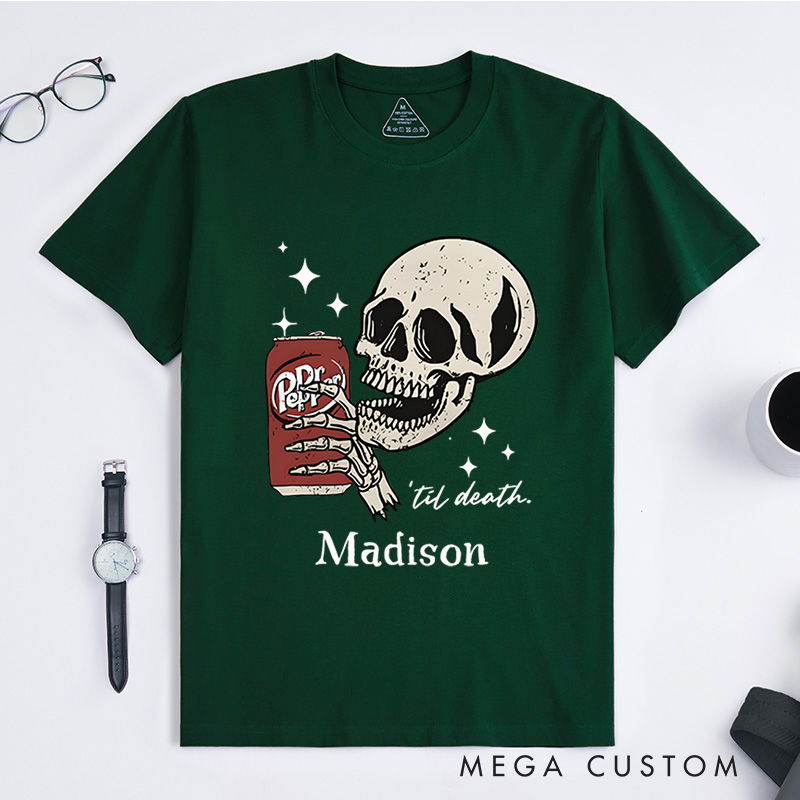 Personalized Skull and Drink Halloween T-Shirt Perfect for Adding a Playful and Spooky Vibe to Outfits T-Shirt
