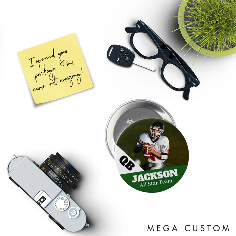 Personalized American Football Button Pin with Custom Name, Text and Photo