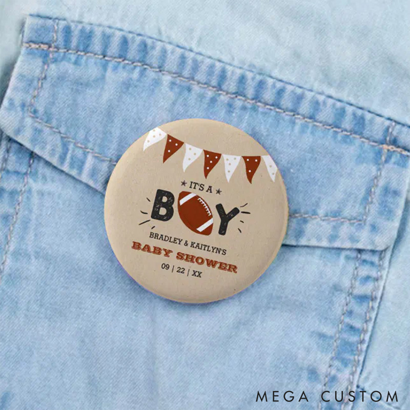 Personalized It’s a Boy American Football Birthday Design Button Pin with Custom Name and Special Date
