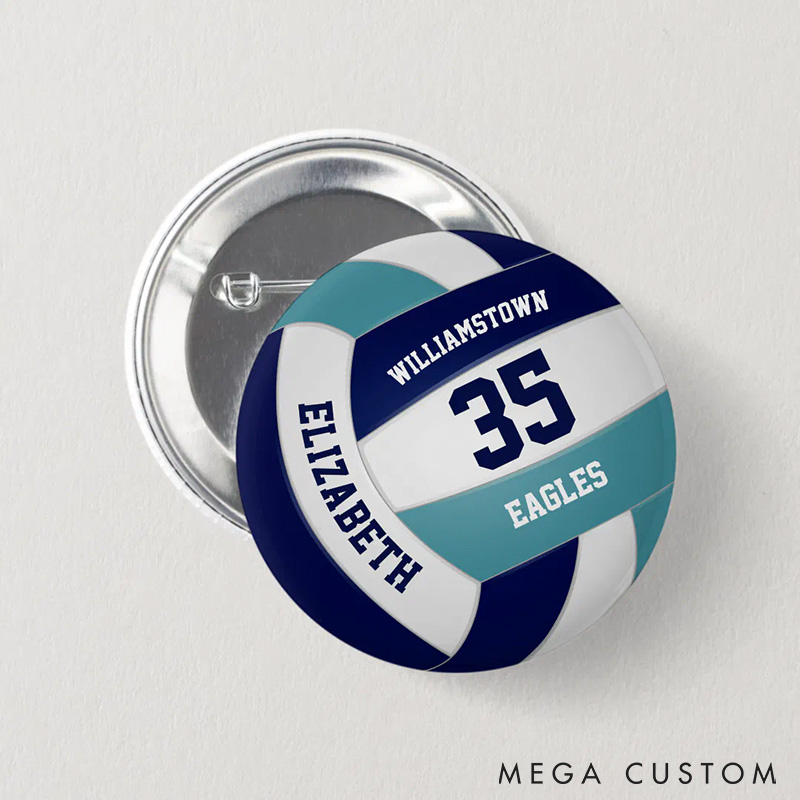 Personalized Team Spirit Volleyball Button Pin with Custom Player Name, Number and Team Name