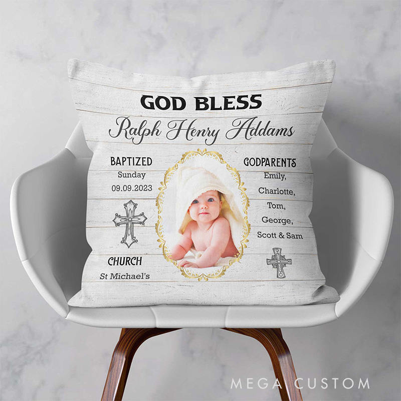 Personalized God Bless Throw Pillow with Name and Photo Religious Gift Baptism Gift for Boys and Girls