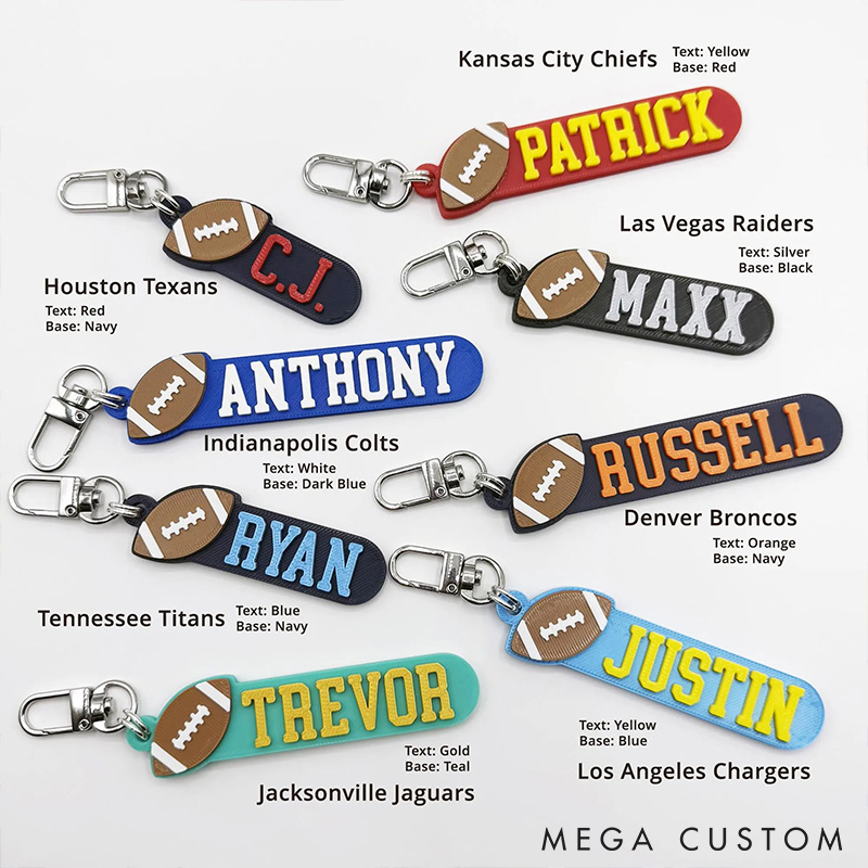 Personalized American Football 3D Printed Hard Plastic Keychains with Custom Your Name and Your Colors