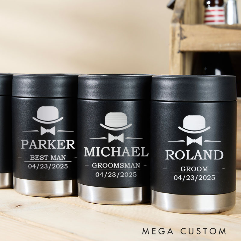 Personalized Wedding Party Can Coolers Engraved Mental Can Cooler for Groom Groomsmen Gifts Can Holder Bachelor Party Favors Tumbler