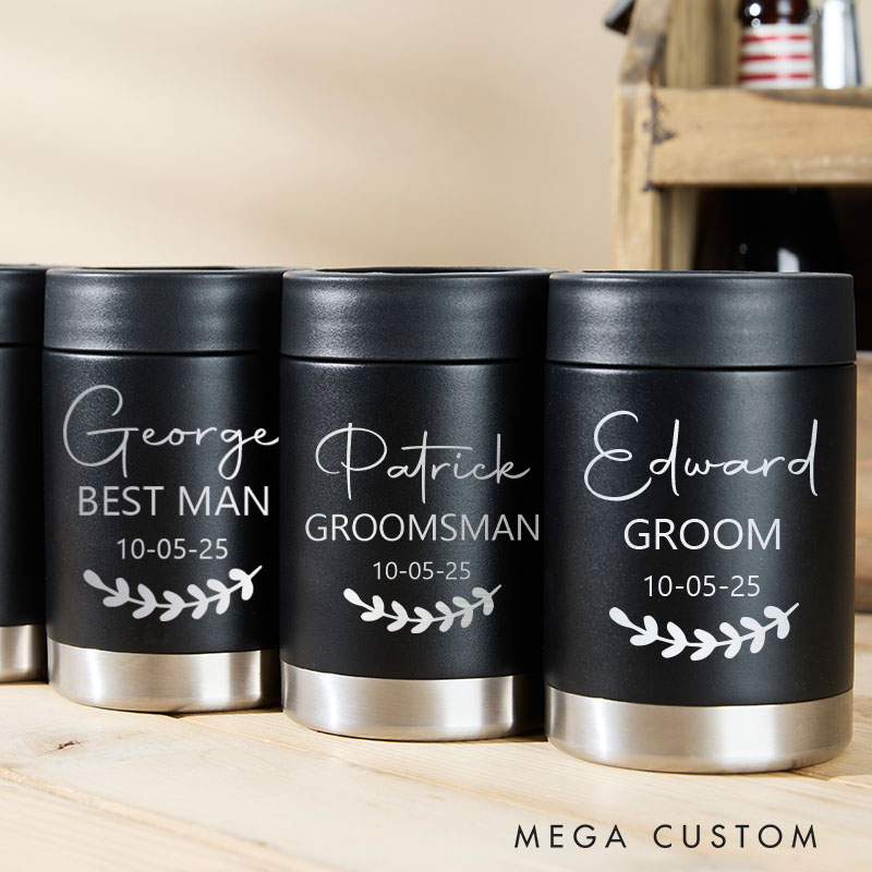 Personalized Groomsmen Can Cooler Elegant Initial and Name Wedding Can Coolers Bachelor Party Favors Can Holder