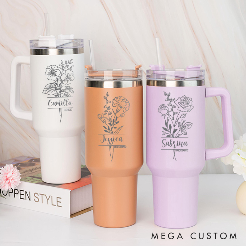 Personalized Bridesmaid Birth Flower 40oz Tumbler Maid of Honor Month Flower Tumbler with Lid and Straw Bachelorette Party Tumbler Bridal Shower Mug