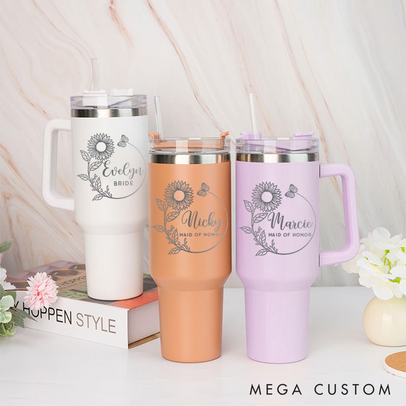 Personalized Bridesmaid Sunflower Wreath 40oz Tumbler Maid of Honor Tumbler with Lid and Straw Bachelorette Party Gift for Her Bridal Shower Tumbler