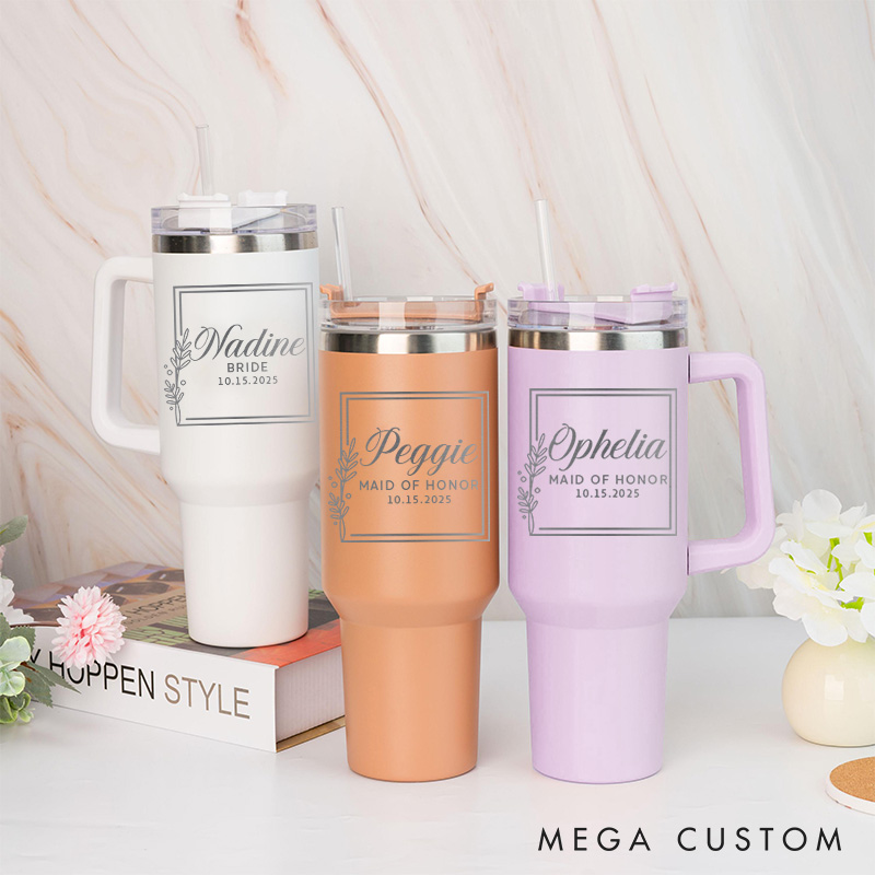 Personalized Bridesmaid Square Wreath 40oz Tumbler Maid of Honor Tumbler with Lid and Straw Bride Bachelorette Party Gift Bridal Shower Tumbler