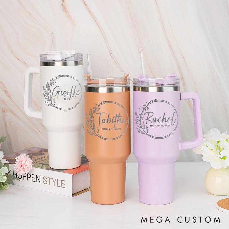 Personalized Bridesmaid Round Wreath 40oz Tumbler Maid of Honor Tumbler with Lid and Straw Bride Bachelorette Party Gift Bridal Shower Tumbler
