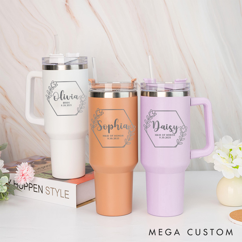 Personalized Bridesmaid Hexagon Wreath 40oz Tumbler Maid of Honor Tumbler with Lid and Straw Bride Bachelorette Party Gift Bridal Shower Tumbler
