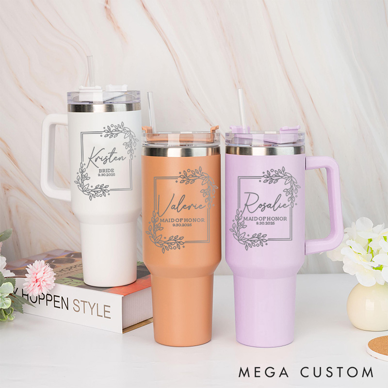 Personalized Bridesmaid Rectangle Wreath 40oz Tumbler Maid of Honor Tumbler with Lid and Straw Bride Bachelorette Party Gift Bridal Shower Tumbler