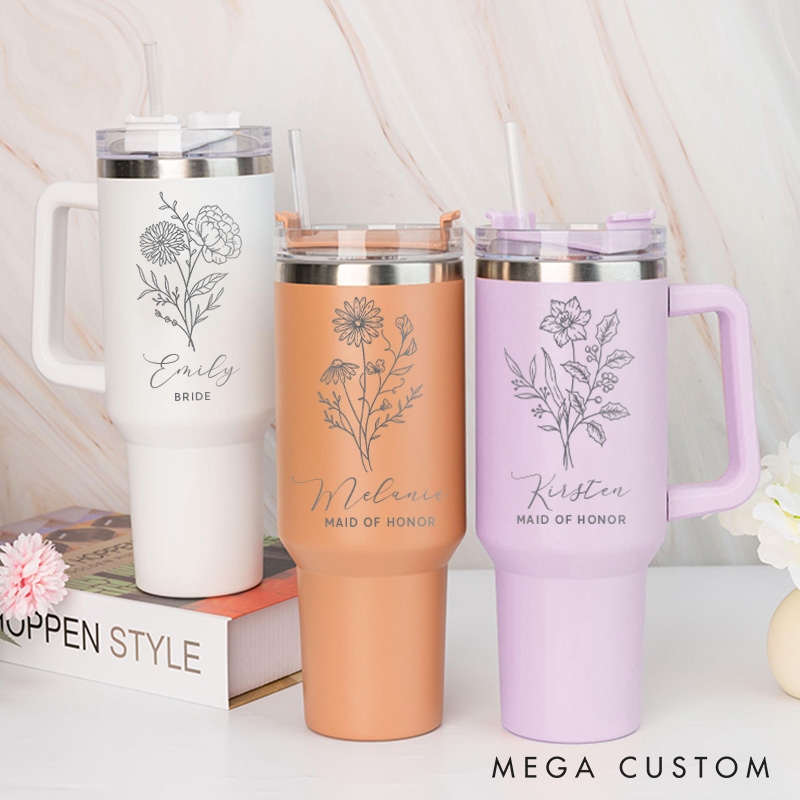 Personalized Stylish Bridesmaid Birth Flower 40oz Tumbler Bride Month Flower Tumbler with Lid and Straw Maid of Honor Bachelorette Party Gift for Her