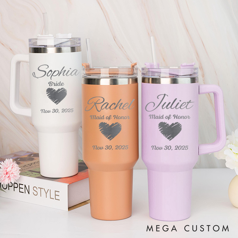 Personalized Bridesmaid Hand-drawn Heart 40oz Tumbler Maid of Honor Tumbler with Lid and Straw Bride Bachelorette Party Gift Bridal Shower Tumbler