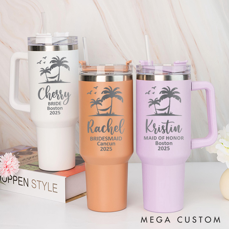 Personalized Bridesmaid Tropical Palm Tree 40oz Tumbler Maid of Honor Tumbler with Lid and Straw Bride Bachelorette Party Gift Bridal Shower Tumbler