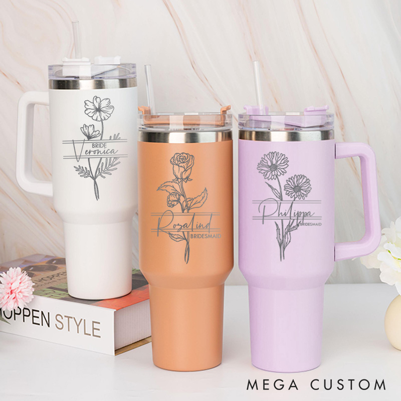 Personalized Delicate Bridesmaid Birth Flower 40oz Tumbler Maid of Honor Month Flower Tumbler with Lid and Straw Bride Bachelorette Party Gift for Her