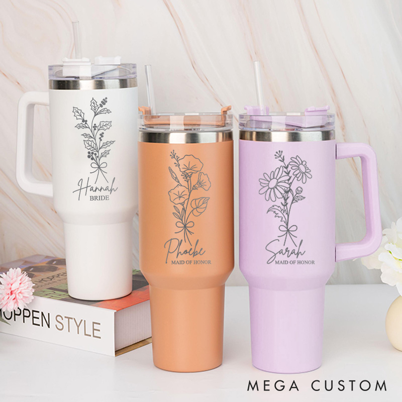 Personalized Beauty Bridesmaid Birth Flower 40oz Tumbler Bride Month Flower Tumbler with Lid and Straw Maid of Honor Bachelorette Party Gift for Her