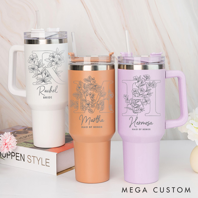 Personalized Bridesmaid Floral Initials 40oz Tumbler Maid of Honor Name Tumbler with Lid and Straw Bride Bachelorette Party Gift Bridal Shower Tumbler