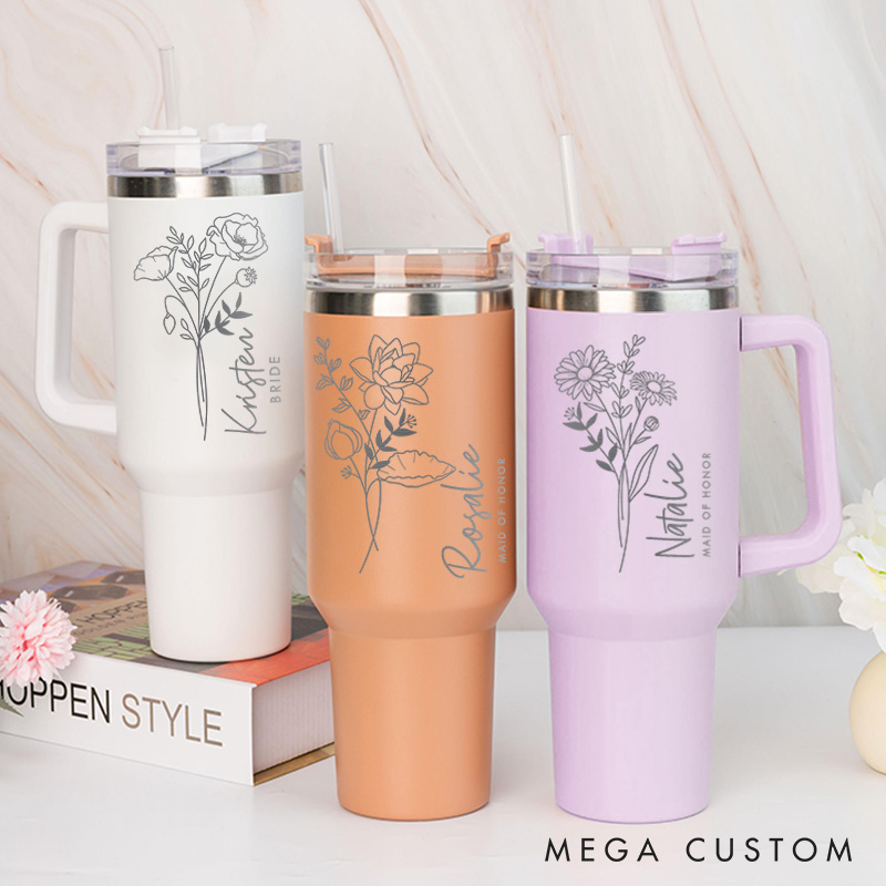 Personalized Bridesmaid Bride Birth Flower 40oz Tumbler Maid of Honor Month Flower Tumbler with Lid and Straw Bachelorette Bridal Shower Party Gift
