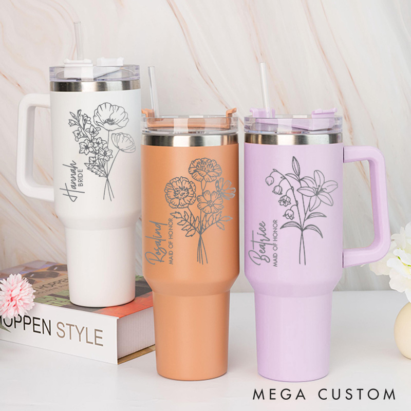 Personalized Stunning Bridesmaid Birth Flower 40oz Tumbler Maid of Honor Month Flower Tumbler with Lid and Straw Bachelorette Party Bridal Shower Gift
