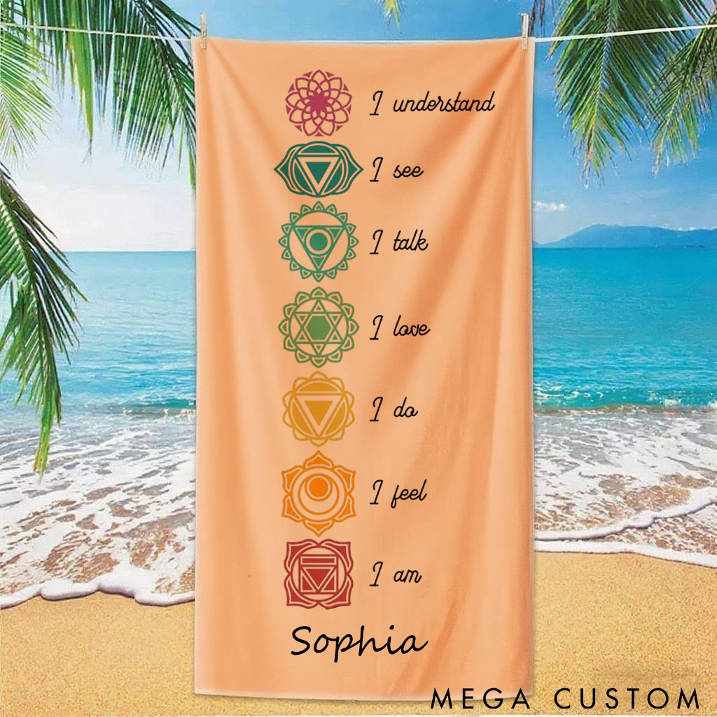 Personalized Chakra Yoga Beach Towel with Seven Chakra Design and Positive Quotes Perfect Gift for Yoga Lover