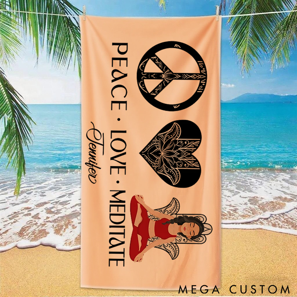 Personalized Peace Love Meditate Beach Towel Perfect Gift for Yoga Lover, Travel and Outdoor Adventures