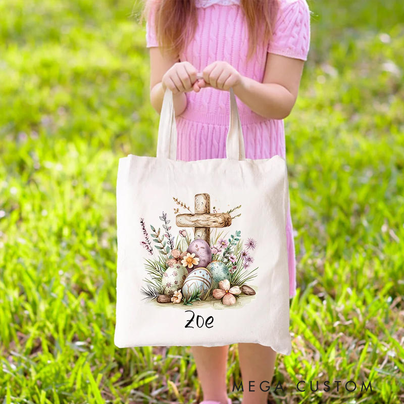 Personalized Floral Cross Easter Eggs Reusable Canvas Bag with Name Birthday Easter Party Gift for Christians