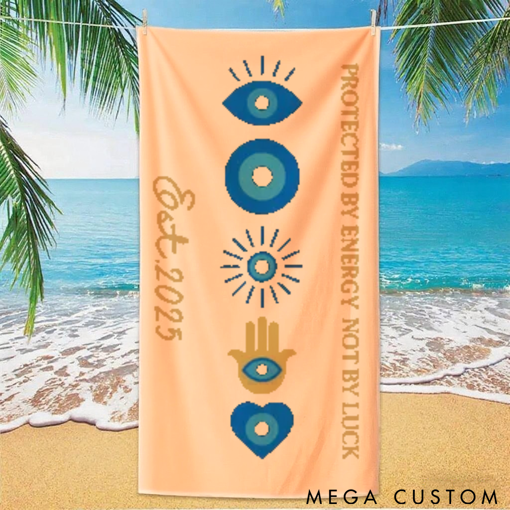 Personalized Evil Eye Beach Towel with Energy Symbol Design Perfect Gift for Yoga Lover, Travel and Outdoor Adventures