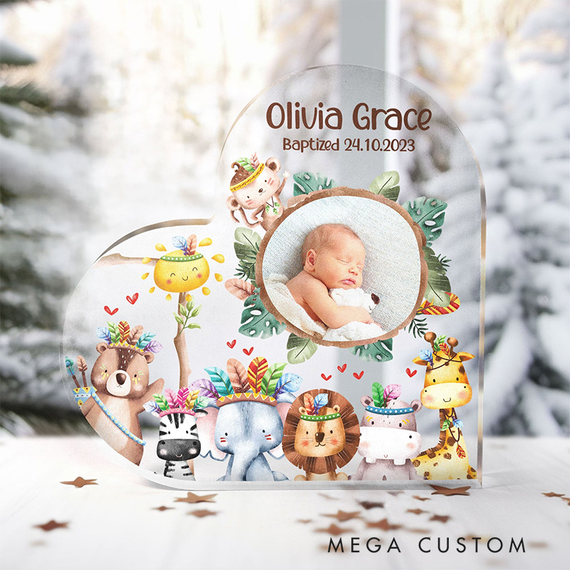 Personalized Cartoon Animals Heart Acrylic Plaque with Name and Text Desk Decor Religious Gift Baptism Gift