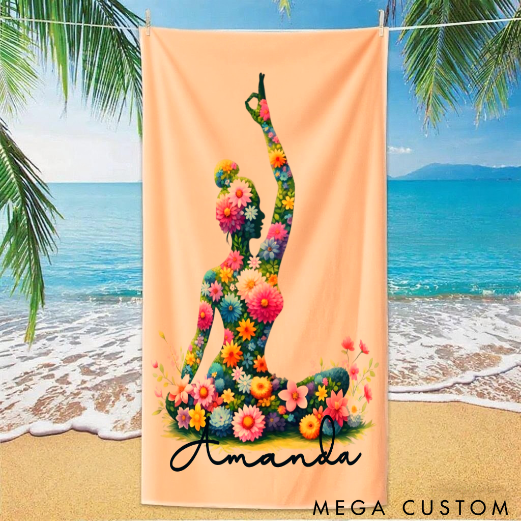 Personalized Floral Yoga Superpower Towel with Vibrant Flower Pose Design Perfect Gift for Yoga Lover