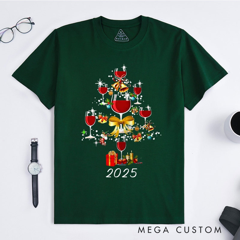 Personalized Wine Glass Christmas Tree with Ornaments and Gifts Christmas T-Shirt