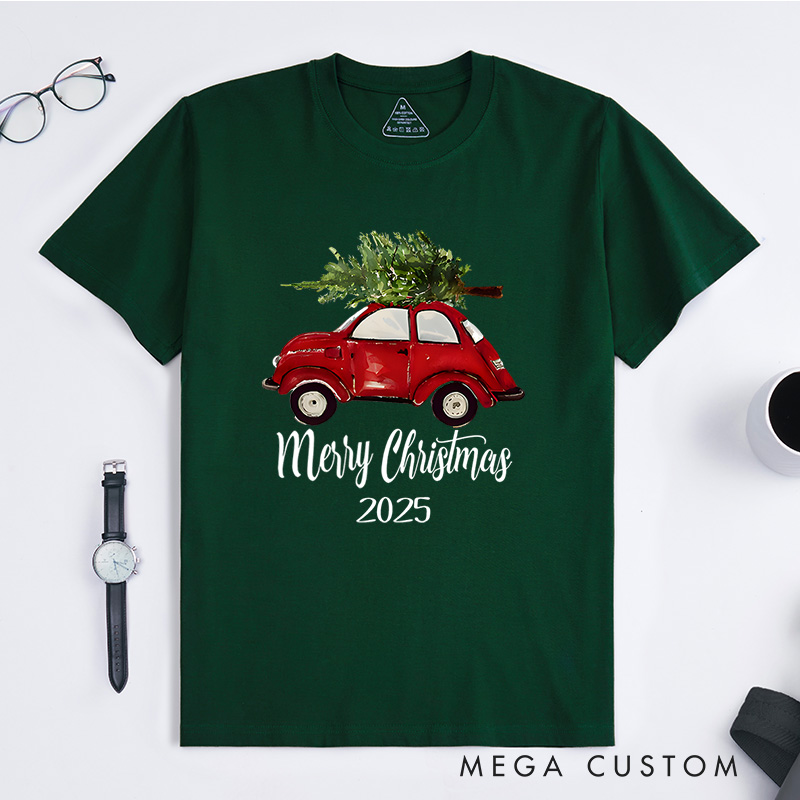 Personalized Vintage Red Car Christmas T-Shirt
