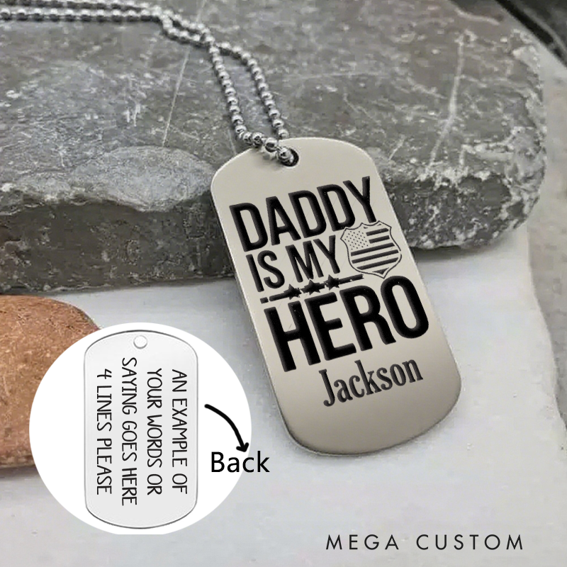 Personalized Daddy Is My Hero Police Dog Tag Necklace Custom Gift for Fathers in Law Enforcement