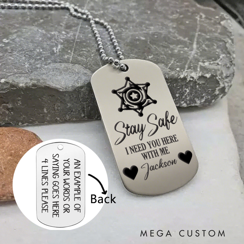 Personalized Stay Safe Sheriff Badge Dog Tag Necklace Custom Gift for Law Enforcement