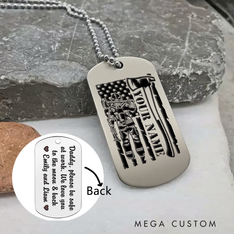 Personalized Firefighter Dog Tag Necklace Custom Gift with Axe and Flag Design