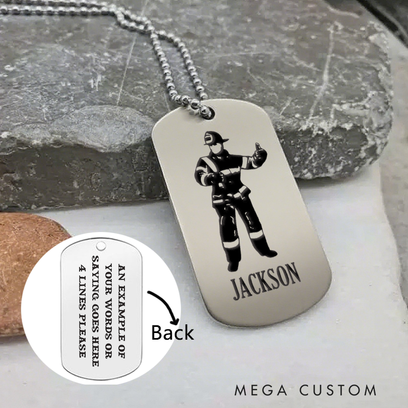 Personalized Firefighter Dog Tag Necklace with Firefighter Figure Design Firefighter