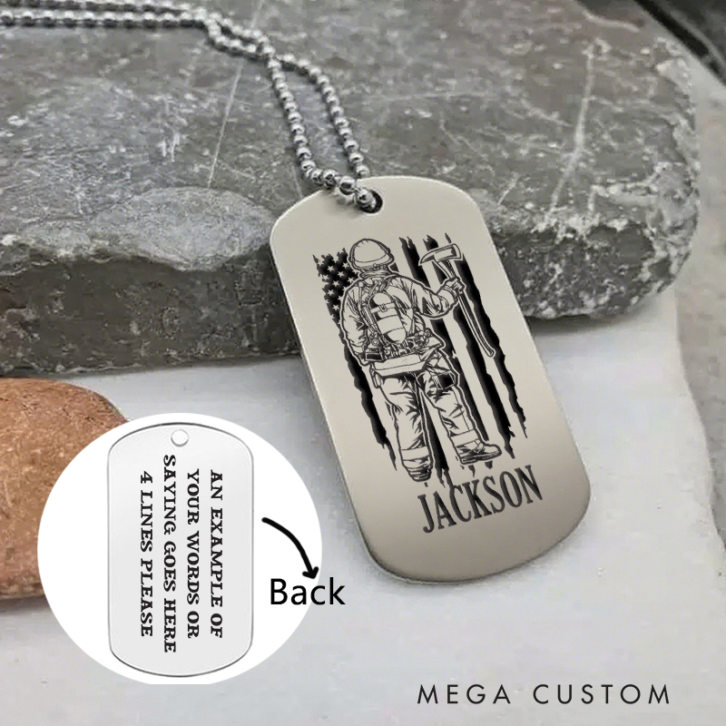 Personalized Firefighter Dog Tag Necklace with Firefighter and Axe Design Firefighter