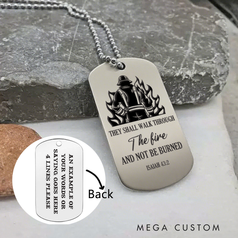Personalized Firefighter Dog Tag Necklace with Isaiah Bible Verse Design Firefighter