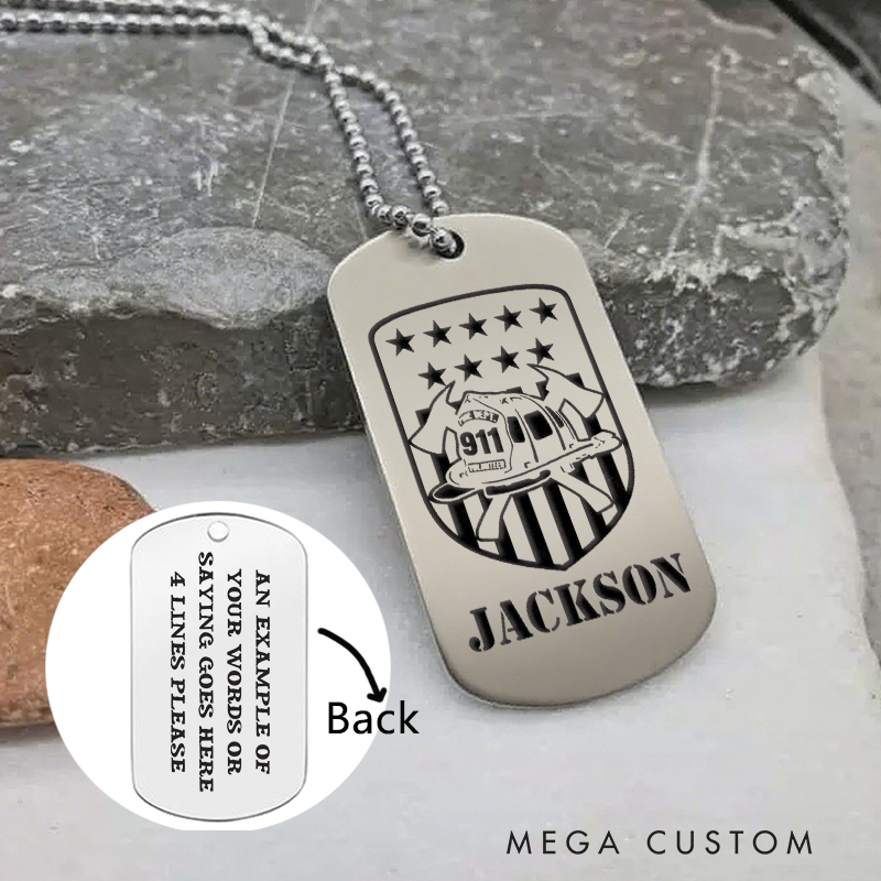 Personalized Firefighter Dog Tag Necklace with 911 Fire Truck and Stars Design