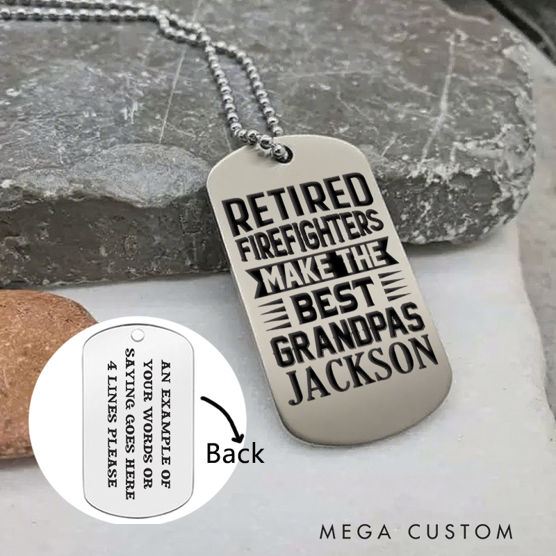 Personalized Stainless Steel Retired Firefighter Dog Tag Necklace with Best Grandpas Design
