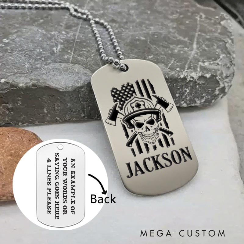 Personalized Firefighter Dog Tag Necklace with Skull and Axes Design
