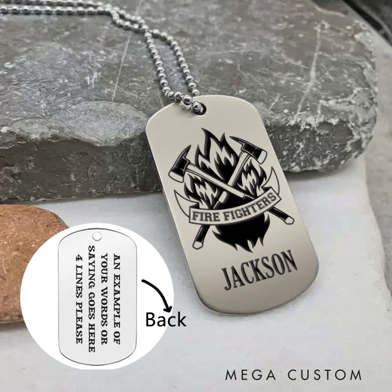 Personalized Firefighter Dog Tag Necklace with Firefighters and Axes Design