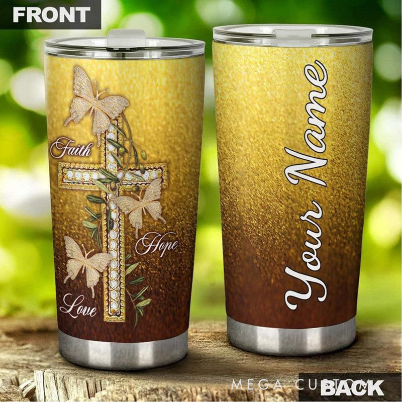 Personalized Faith Butterfly Faith Hope Love Gold Glitter 20oz Stainless Steel Tumbler with Name Religious Gift for Women