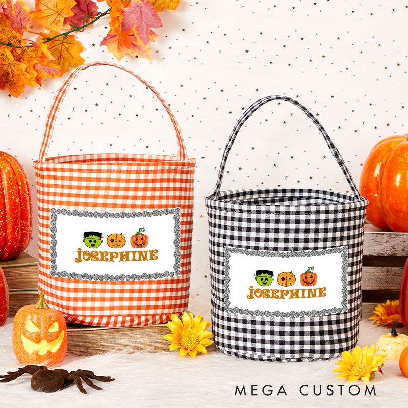 Personalized Halloween Treat Basket Monster and Pumpkin Trio Design Basket Halloween Gift