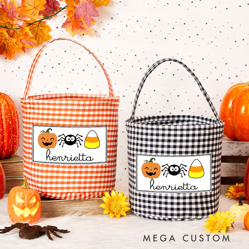 Personalized Halloween Treat Basket Pumpkin  Spider and Candy Corn Design Basket Halloween Gift