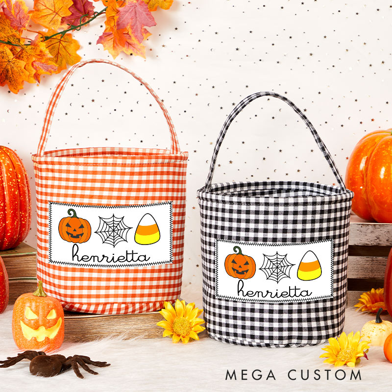 Personalized Halloween Treat Basket Pumpkin Spider Web and Candy Corn Design Basket