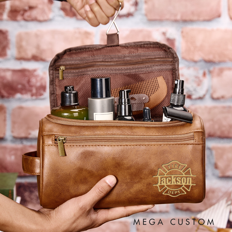 Personalized PU Leather Firefighter Toiletry Bag with Maltese Cross Design Gift for Firefighter